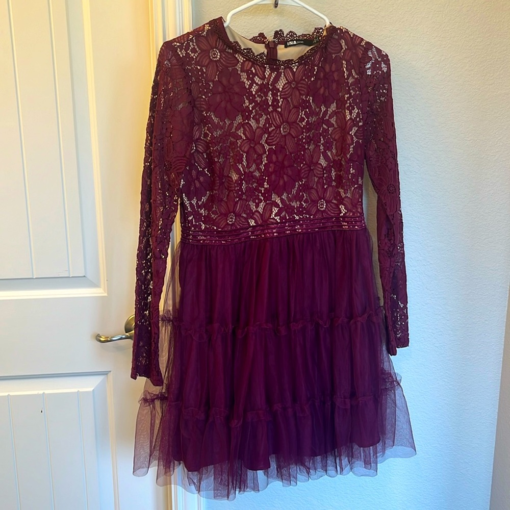 Ina Long Sleeve dress with Tulle in Wine size L